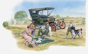 Preschooler Prints: Illustration of family having picnic in countryside near car