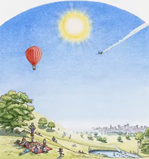 Hot Air Balloon Prints: Illustration of family having picnic on lush hillside overlooking cityscape