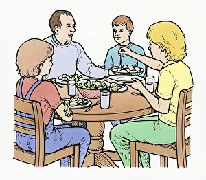 Determination Prints: Illustration of family sitting at table serving evening meal as daughter refuses to eat