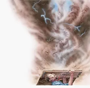 Destruction Prints: Illustration of farmer Will Keller looking at twister from underground shelter seeing mini twisters inside the big