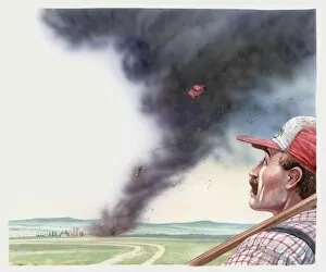 Images Dated 17th March 2011: Illustration of farmer looking at car in centre of tornado