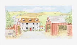 Illustration of a farmhouse and farmyard against countryside backdrop