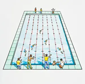 At The Edge Of Prints: Illustration of fathers standing at edge of swimming pool supporting children in race