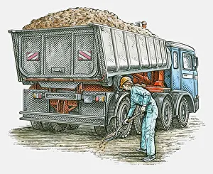 Images Dated 20th November 2009: Illustration of female manual worker standing behind tipper truck holding spade