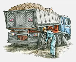 One Woman Only Prints: Illustration of female manual worker standing behind tipper truck holding spade