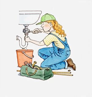 Bib Overalls Gallery: Illustration of female plumber fixing pipe on a sink