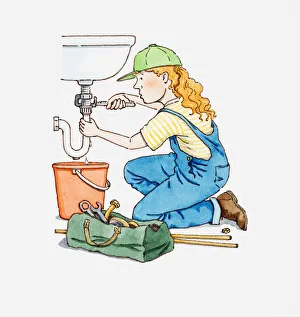 Images Dated 4th January 2011: Illustration of female plumber fixing pipe on a sink