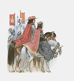 Illustration of Ferdinand II of Aragon and Queen Isabella I of Castille on horseback