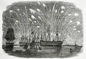 Plymouth Prints: Illustration of Fireworks Above Ships in Plymouth Bay