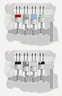 Order Prints: Illustration of firing order sequence of delivering power to car cylinder in multi-cylinder piston engine