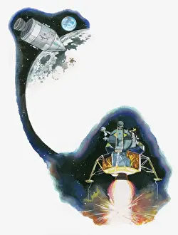 Illustration of first Apollo moon landing and rocket boosters underneath Eagle lunar module