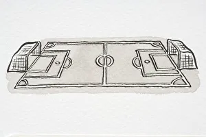 Line Gallery: Illustration, football pitch with netted goals at each end, high angle view