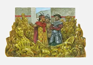Mid Adult Prints: Illustration of Francisco Pizarro standing next to Inca Emperor Atahualpa in room full of gold