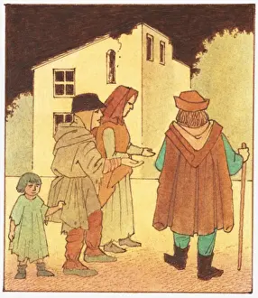 Father Prints: Illustration of French peasants begging for food during from wealthy man during Hundred Years War
