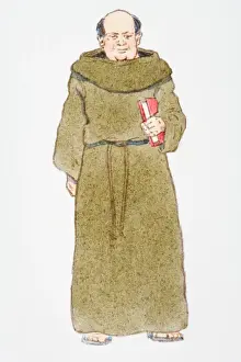 Habit Prints: Illustration of friar wearing brown habit with flax rope belt, holding red book