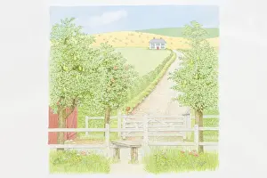Pathway Prints: Illustration, fruit trees and wooden field gate by country path leading to secluded farmhouse
