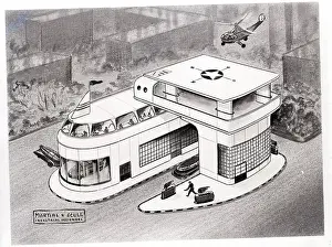 Retrofuturism Prints: Illustration of Futuristic Gas Station