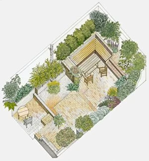 Images Dated 26th February 2010: Illustration of a garden containing paved and gravelled areas, tables, chairs and benches