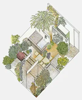 Paving Stone Prints: Illustration of a garden containing paved and gravelled areas, fountain and plants