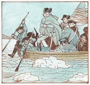 Looking Away Prints: Illustration of George Washington in boat crossing the Delaware River to defeat the British at the Battle of Trenton