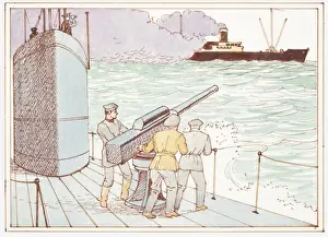 Sinking Prints: Illustration of German sailors on board submarine firing weapon at American warship in the Battle of the Atlantic