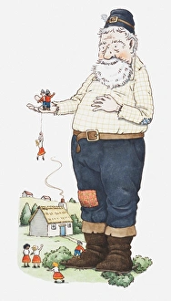 Images Dated 4th January 2011: Illustration of a giant with tiny people on his hand and to his feet