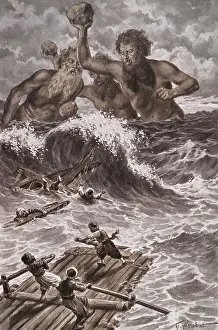 Illustration of Giants Attacking Sinbad from Tales of the Arabian Nights