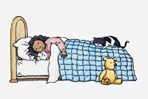 Illustration of girl and a cat sleeping in bed and teddy sitting by side of bed