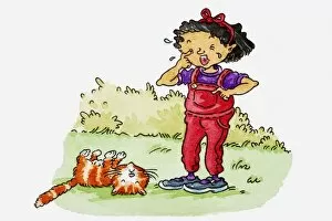 Bib Overalls Gallery: Illustration of girl crying with a dead cat lying in the grass beside her