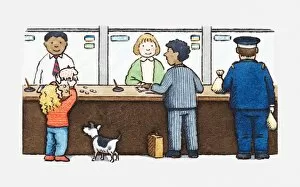 Illustration of girl emptying contents of piggy bank onto counter, other customers and bank staff standing nearby
