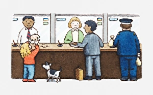 Illustration of girl emptying contents of piggy bank onto counter Illustration of girl emptying contents of piggy bank onto counter