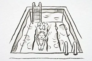 Moving Activity Prints: Illustration, girl inside swimming pool surging forward with both arms stretched in front of her