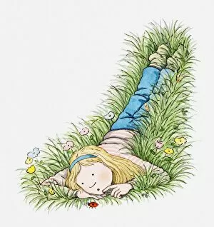 Ladybug Gallery: Illustration of girl lying in the grass looking at a ladybrid