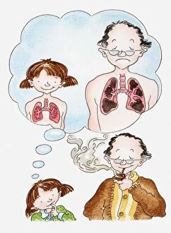 Illustration of a girl next to man smoking a pipe, thought bubble showing healthy lung and smokers lung