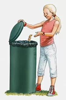 Images Dated 11th February 2010: Illustration of girl throwing rubbish in bin