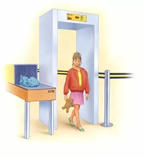 Illustration of girl walking through metal detector holding teddy bear