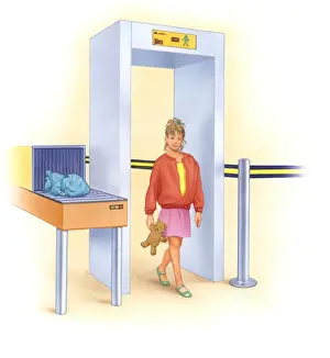 One Girl Only Prints: Illustration of girl walking through metal detector holding teddy bear