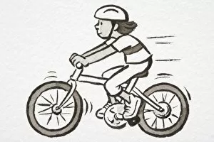 Safety Gallery: Illustration, girl wearing helmet riding bicycle, side view