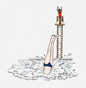 Illustration of girls diving head-first into a pool from a diving board