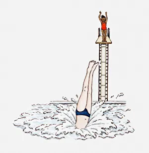 Images Dated 4th January 2011: Illustration of girls diving head-first into a pool from a diving board