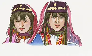 Plaits Prints: Illustration of two girls wearing traditional Anatolian Ottoman clothes