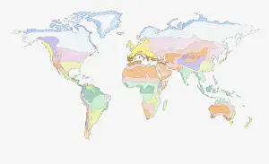 Subtropical Prints: Illustration of global weather zones on world map
