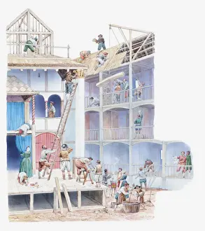 Ladder Prints: Illustration of Globe Theatre being built in Elizabethan times