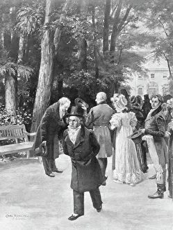 Illustration of Goethe and Beethoven with Crowd Outdoors by Carl Rohling
