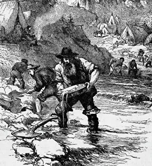 Prospector Prints: Illustration of Gold Miners Panning River For Gold