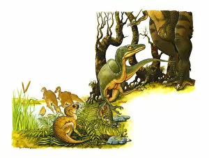 Five Animals Gallery: Illustration of green dinosaur at feet of large, predatory bipedal theropod