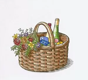 Illustration of groceries and bunch of fresh flowers in wicker shopping basket