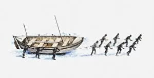 Illustration of a group of Antarctic explorers pulling boat across the ice