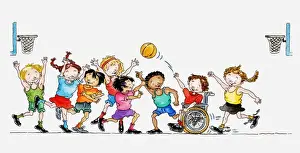 Disability Prints: Illustration of a group of children including a child in a wheelchair playing basketball together