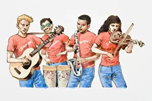 Guitar Prints: Illustration of group playing guitar, bongo drum, saxophone, and violin